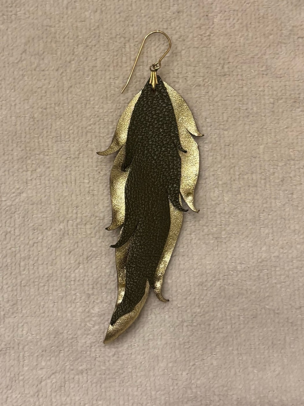Handmade gold and green leather leaves earring